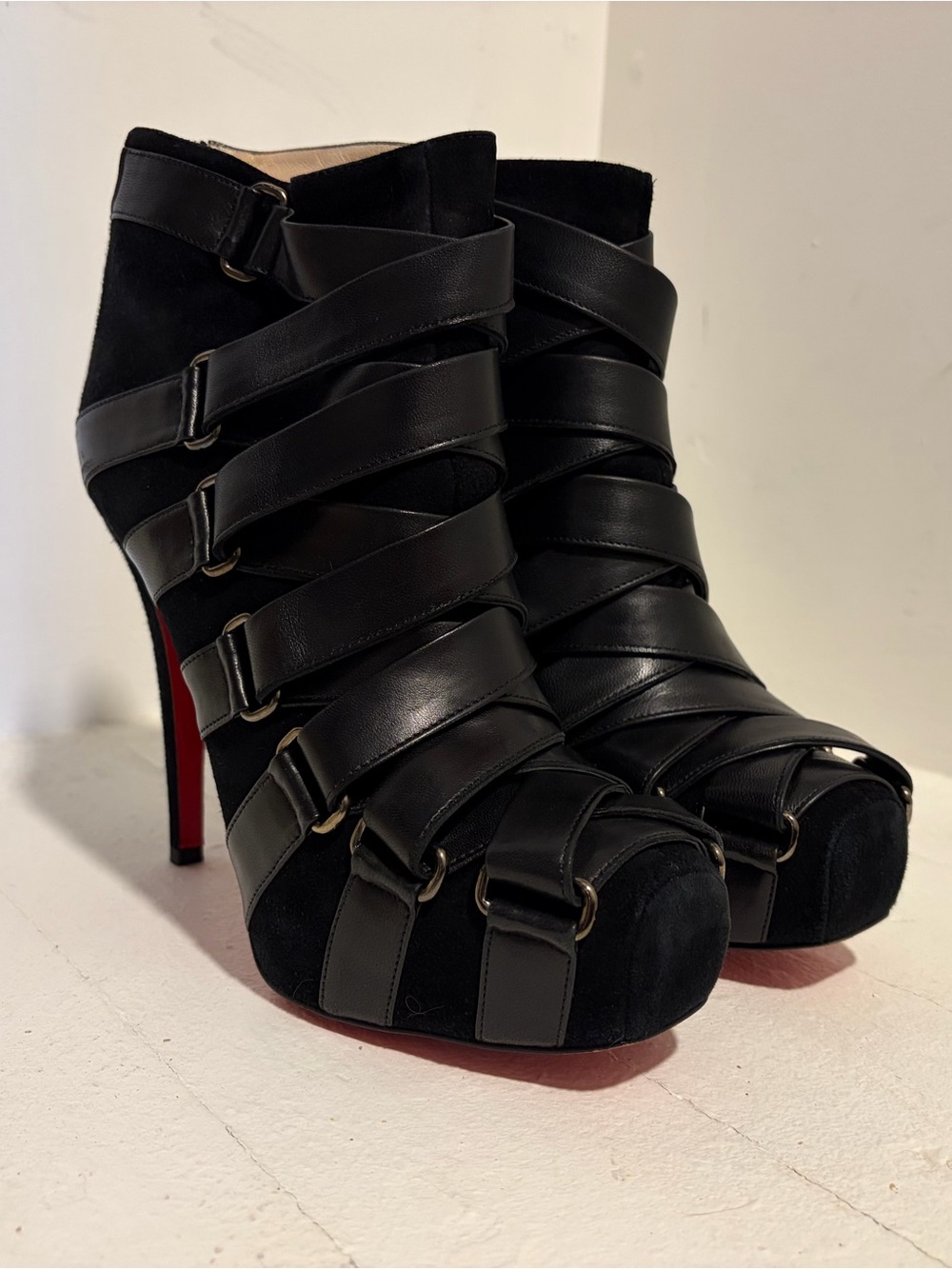 Christian Louboutin Black Suede Strappy High-Heel Ankle Boots